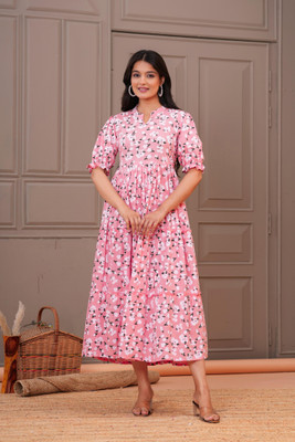 KANIW Women Fit and Flare Pink Ankle Length Dress