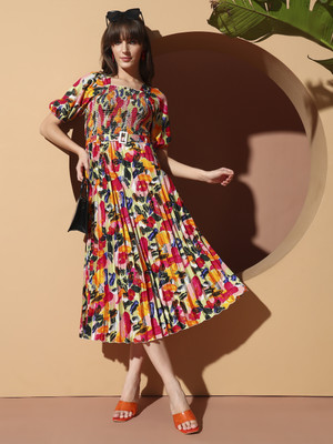 OTABU Women Gathered Multicolor Midi/Calf Length Dress