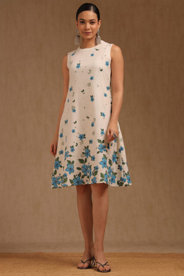 soch Women Fit and Flare Beige, Light Blue Knee Length Dress