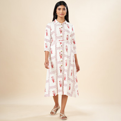 Akkriti by Pantaloons Women Shirt Red, White Below Knee Dress