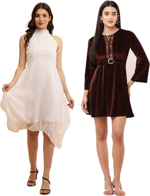 Miranga Women Fit and Flare Brown, White Midi/Calf Length Dress