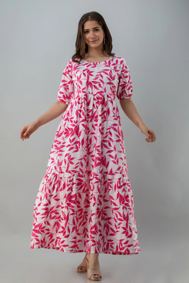 Twirl Tales Women A-line Pink, White Midi/Calf Length Dress