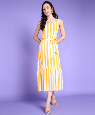 METRONAUT Women A-line Yellow, White Midi/Calf Length Dress