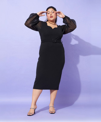 SASSAFRAS Curve Women Bodycon Black Midi/Calf Length Dress