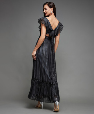 Miss Chase Women Tiered Black Ankle Length Dress