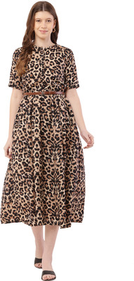 Mamnoon Women Fit and Flare Multicolor Midi/Calf Length Dress