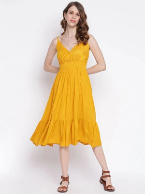 VYMO Women Empire Waist Yellow Midi/Calf Length Dress