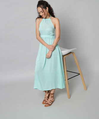 Emeros Women Gathered Light Blue Midi/Calf Length Dress