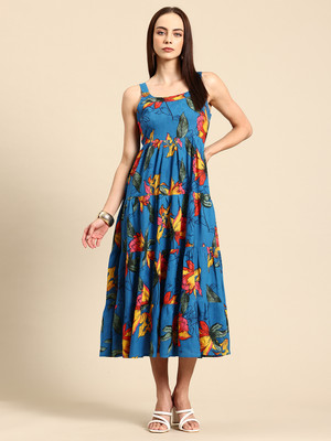 METRONAUT Women Fit and Flare Blue, Multicolor Midi/Calf Length Dress