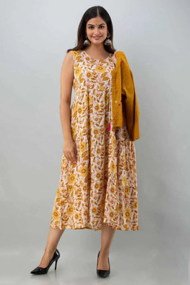 VEERANSU Women Ethnic Dress Yellow Above Knee/Mid Thigh Length Dress