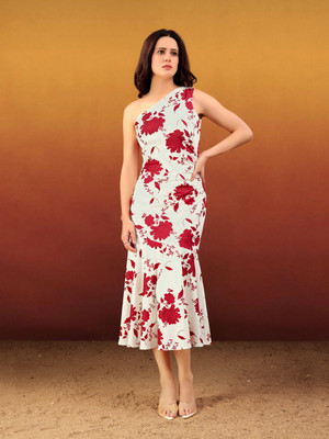 PURVAJA Women Fit and Flare White Midi/Calf Length Dress