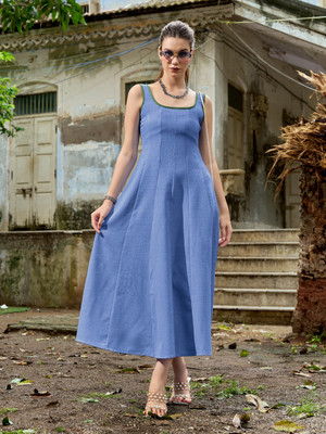 PURVAJA Women Fit and Flare Blue Maxi/Full Length Dress