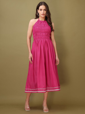 PURVAJA Women Fit and Flare Pink Midi/Calf Length Dress