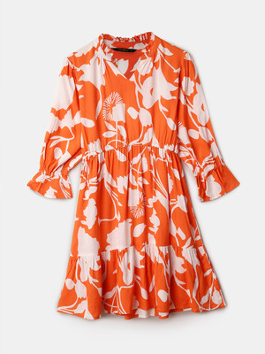 V-MART Women A-line Orange Above Knee/Mid Thigh Length Dress