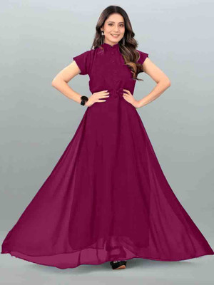 Krunal Raiyani Women Fit and Flare Purple Maxi/Full Length Dress