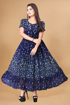 BENIXA TEXTILE Women Fit and Flare Blue Maxi/Full Length Dress