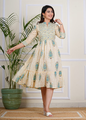 SITAFAB Women Floral Print Anarkali Kurta(Beige)