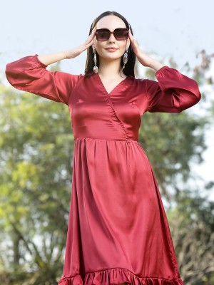 PLUSS Women Fit and Flare Maroon Dress