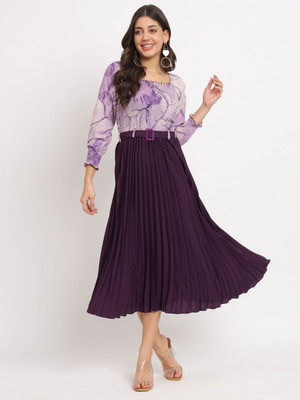 ZWERLON Women A-line Purple, White Midi/Calf Length Dress