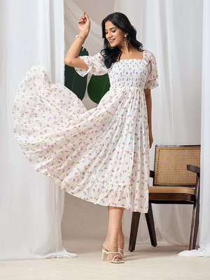 ZWERLON Women A-line White Midi/Calf Length Dress