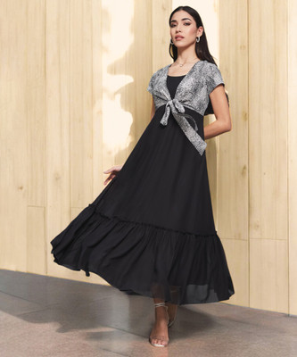 Miss Chase Women Fit and Flare Black Midi/Calf Length Dress