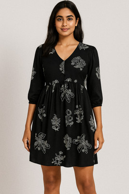 MKOS Women Fit and Flare Black Above Knee/Mid Thigh Length Dress