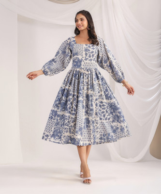 Janasya Women Gathered White Midi/Calf Length Dress