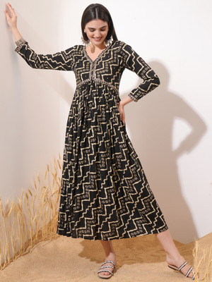 Vishudh Women A-line Black Midi/Calf Length Dress