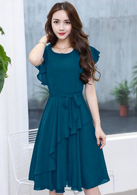 VM STUDIO Women Fit and Flare Dark Blue Knee Length Dress