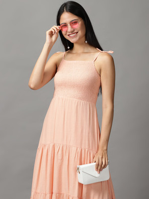 SHOWOFFFF Women Fit and Flare Pink Midi/Calf Length Dress