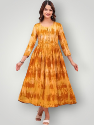 RAAM TEXTILE Women Gown Yellow Knee Length Dress