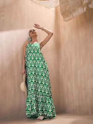 Pink Paprika By SASSAFRAS Women Fit and Flare Green Maxi/Full Length Dress