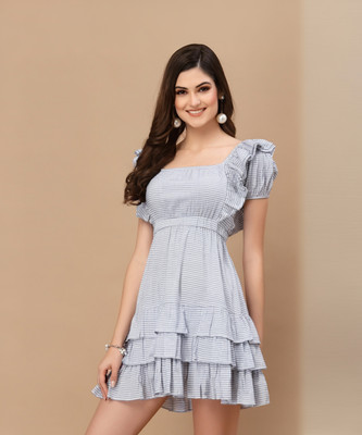 KASSUALLY Women Fit and Flare Blue Above Knee/Mid Thigh Length Dress