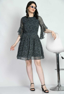 COATTIRE Women Fit and Flare Dark Green, White, Green Above Knee/Mid Thigh Length Dress