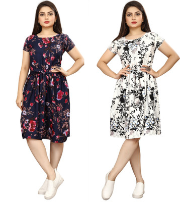 FashhionWorld Women A-line Black, Blue Knee Length Dress