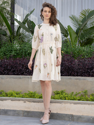 ZUMMER Women Fit and Flare Beige Above Knee/Mid Thigh Length Dress