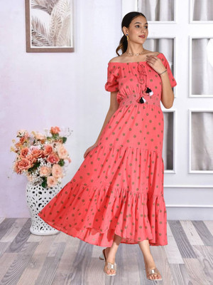 OZIA Women Fit and Flare Pink Maxi/Full Length Dress
