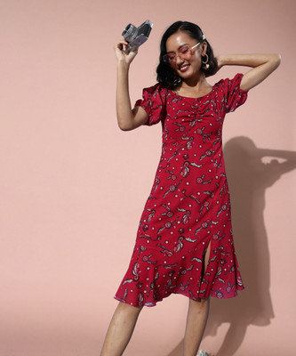 all about you Women Fit and Flare Maroon Below Knee Dress