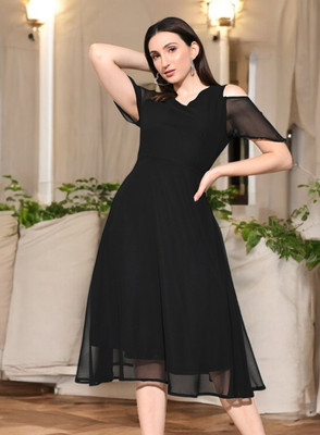 HouseOfCommon Women A-line Black Midi/Calf Length Dress