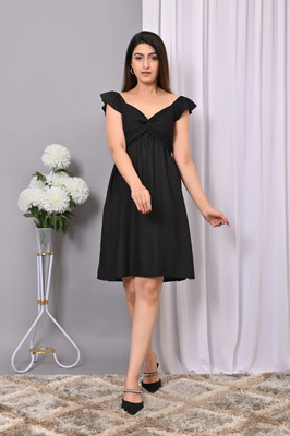 IQRAAR Women Fit and Flare Black Above Knee/Mid Thigh Length Dress