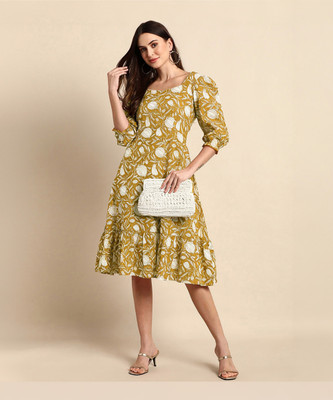 Janasya Women A-line Yellow Midi/Calf Length Dress