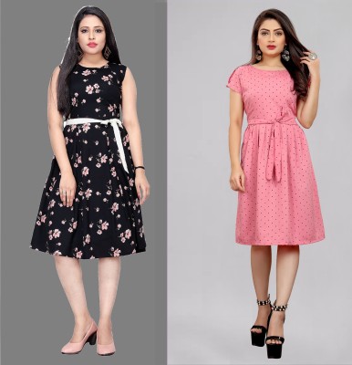 tanvi creation Women Fit and Flare Black, Pink Dress