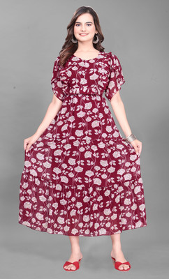 QUEUEE CREATION Women Fit and Flare Maroon Maxi/Full Length Dress