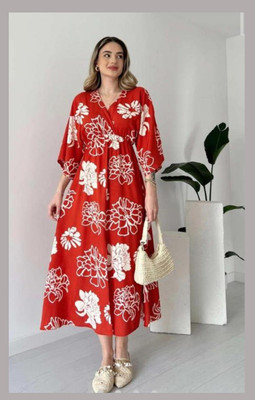 BRAVAL TEXTILE Women A-line Red Midi/Calf Length Dress
