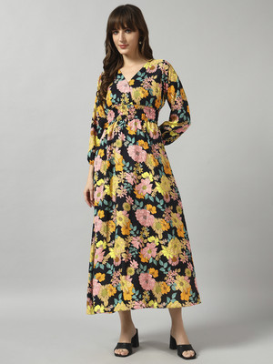 Krunal Raiyani Women Fit and Flare Yellow Maxi/Full Length Dress