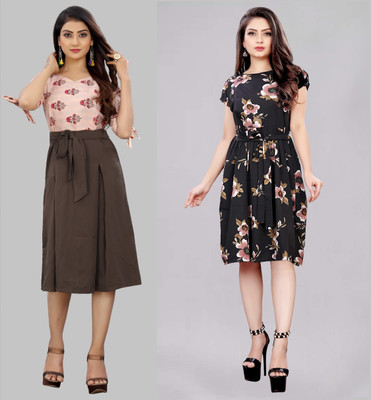 Hiral Creation Women Fit and Flare Multicolor Knee Length Dress