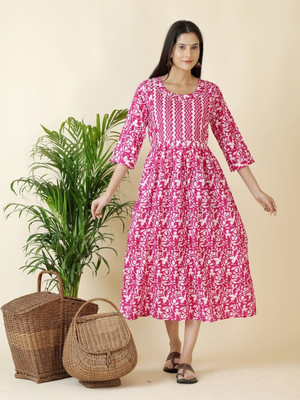 HouseOfCommon Women Fit and Flare Multicolor Midi/Calf Length Dress