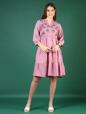 V-MART Women A-line Pink Knee Length Dress