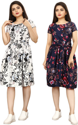 HouseOfCommon Women Fit and Flare Multicolor Below Knee Dress