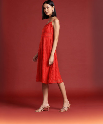 all about you Women A-line Red Midi/Calf Length Dress